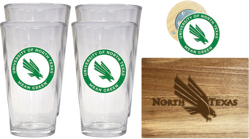 North Texas Officially Licensed Kitchen Gift Pack - Engraved Wood Cutting Board, 4 Pint Glasses & Magnetic Bottle Opener 