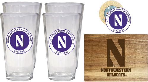 Northwestern University Wildcats Officially Licensed Kitchen Gift Pack - Engraved Wood Cutting Board, 4 Pint Glasses & Magnetic Bottle Opener 