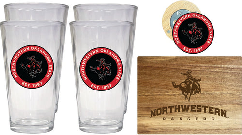 Northwestern Oklahoma State University Officially Licensed Kitchen Gift Pack - Engraved Wood Cutting Board, 4 Pint Glasses & Magnetic Bottle Opener 