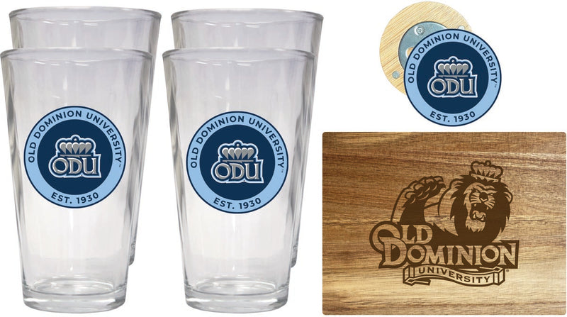 Old Dominion Monarchs Officially Licensed Kitchen Gift Pack - Engraved Wood Cutting Board, 4 Pint Glasses & Magnetic Bottle Opener 