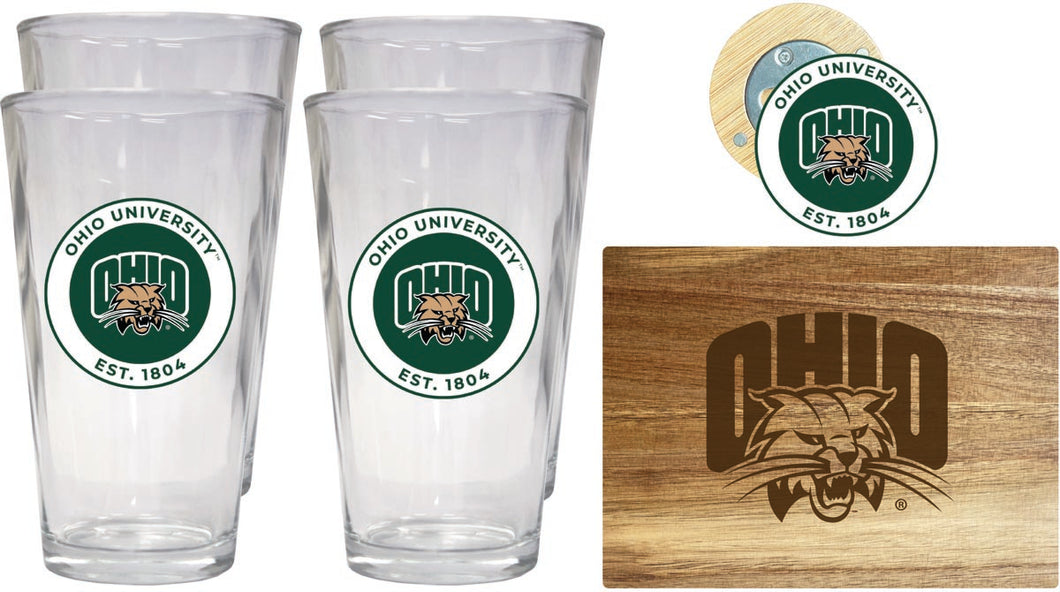 Ohio University Officially Licensed Kitchen Gift Pack - Engraved Wood Cutting Board, 4 Pint Glasses & Magnetic Bottle Opener 