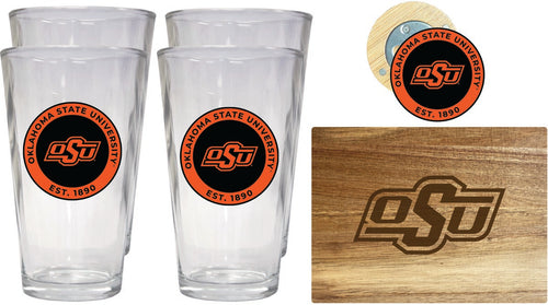Oklahoma State Cowboys Officially Licensed Kitchen Gift Pack - Engraved Wood Cutting Board, 4 Pint Glasses & Magnetic Bottle Opener 
