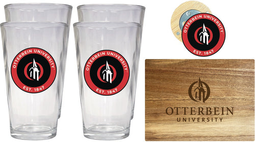 Otterbein University Officially Licensed Kitchen Gift Pack - Engraved Wood Cutting Board, 4 Pint Glasses & Magnetic Bottle Opener 