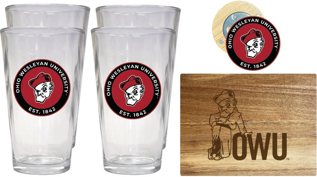 Ohio Wesleyan University Officially Licensed Kitchen Gift Pack - Engraved Wood Cutting Board, 4 Pint Glasses & Magnetic Bottle Opener 