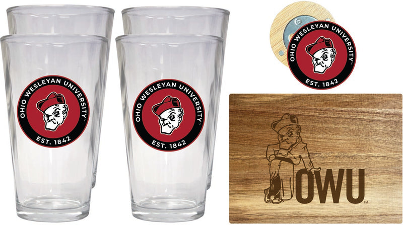 Ohio Wesleyan University Officially Licensed Kitchen Gift Pack - Engraved Wood Cutting Board, 4 Pint Glasses & Magnetic Bottle Opener 