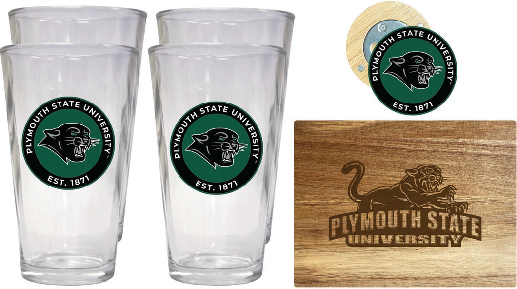 Plymouth State University Officially Licensed Kitchen Gift Pack - Engraved Wood Cutting Board, 4 Pint Glasses & Magnetic Bottle Opener 