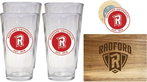 Radford University Highlanders Officially Licensed Kitchen Gift Pack - Engraved Wood Cutting Board, 4 Pint Glasses & Magnetic Bottle Opener 