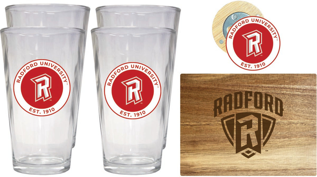 Radford University Highlanders Officially Licensed Kitchen Gift Pack - Engraved Wood Cutting Board, 4 Pint Glasses & Magnetic Bottle Opener 