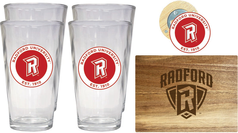 Radford University Highlanders Officially Licensed Kitchen Gift Pack - Engraved Wood Cutting Board, 4 Pint Glasses & Magnetic Bottle Opener 