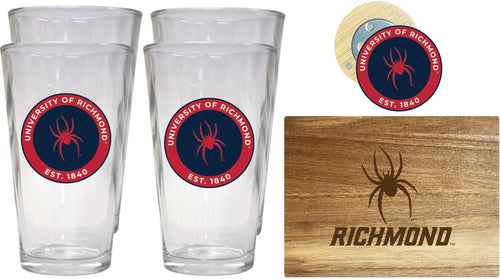 Richmond Spiders Officially Licensed Kitchen Gift Pack - Engraved Wood Cutting Board, 4 Pint Glasses & Magnetic Bottle Opener 