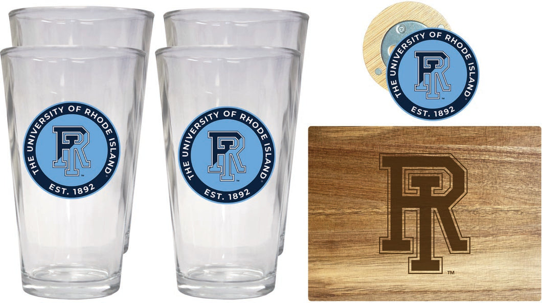 Rhode Island University Officially Licensed Kitchen Gift Pack - Engraved Wood Cutting Board, 4 Pint Glasses & Magnetic Bottle Opener 