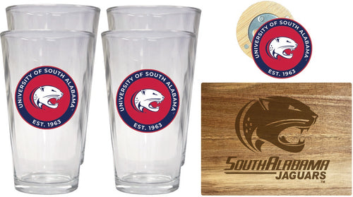 University of South Alabama Officially Licensed Kitchen Gift Pack - Engraved Wood Cutting Board, 4 Pint Glasses & Magnetic Bottle Opener 