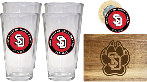 South Dakota Coyotes Officially Licensed Kitchen Gift Pack - Engraved Wood Cutting Board, 4 Pint Glasses & Magnetic Bottle Opener 