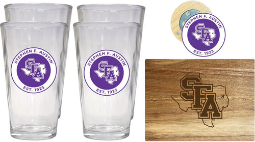 Stephen F. Austin State University Officially Licensed Kitchen Gift Pack - Engraved Wood Cutting Board, 4 Pint Glasses & Magnetic Bottle Opener 