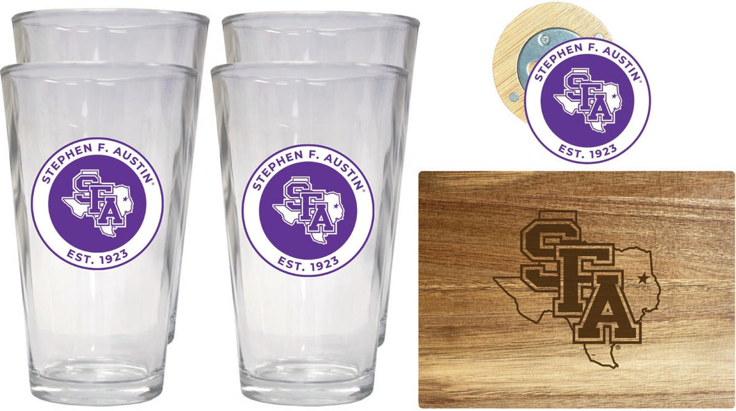 Stephen F. Austin State University Officially Licensed Kitchen Gift Pack - Engraved Wood Cutting Board, 4 Pint Glasses & Magnetic Bottle Opener 