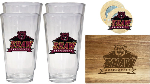Shaw University Bears Officially Licensed Kitchen Gift Pack - Engraved Wood Cutting Board, 4 Pint Glasses & Magnetic Bottle Opener 
