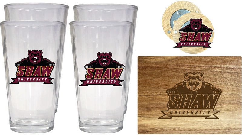 Shaw University Bears Officially Licensed Kitchen Gift Pack - Engraved Wood Cutting Board, 4 Pint Glasses & Magnetic Bottle Opener 