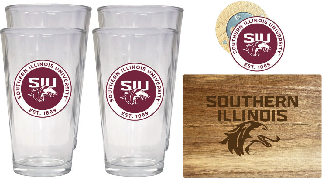 Southern Illinois Salukis Officially Licensed Kitchen Gift Pack - Engraved Wood Cutting Board, 4 Pint Glasses & Magnetic Bottle Opener 