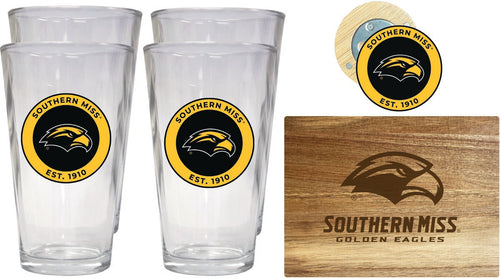 Southern Mississippi Golden Eagles Officially Licensed Kitchen Gift Pack - Engraved Wood Cutting Board, 4 Pint Glasses & Magnetic Bottle Opener 