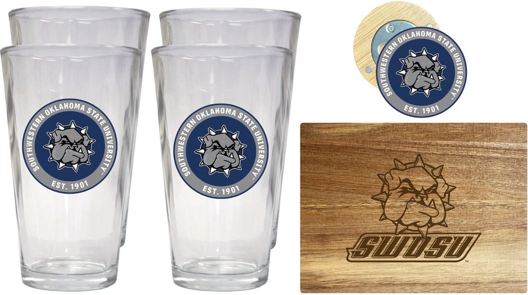 Southwestern Oklahoma State University Officially Licensed Kitchen Gift Pack - Engraved Wood Cutting Board, 4 Pint Glasses & Magnetic Bottle Opener 