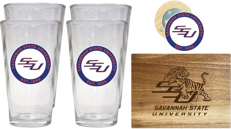 Savannah State University Officially Licensed Kitchen Gift Pack - Engraved Wood Cutting Board, 4 Pint Glasses & Magnetic Bottle Opener 
