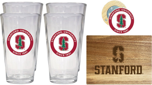 Stanford University Officially Licensed Kitchen Gift Pack - Engraved Wood Cutting Board, 4 Pint Glasses & Magnetic Bottle Opener 