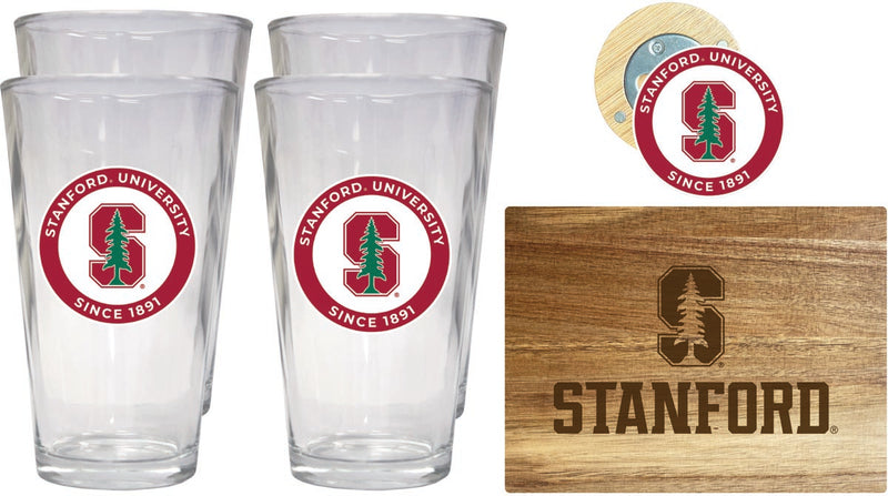 Stanford University Officially Licensed Kitchen Gift Pack - Engraved Wood Cutting Board, 4 Pint Glasses & Magnetic Bottle Opener 