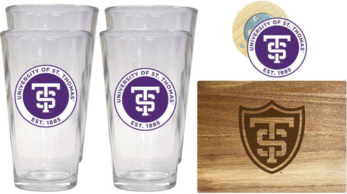 University of St. Thomas Officially Licensed Kitchen Gift Pack - Engraved Wood Cutting Board, 4 Pint Glasses & Magnetic Bottle Opener 