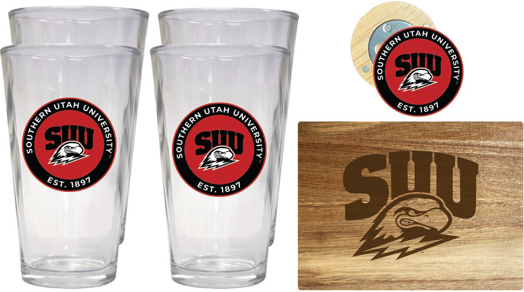 Southern Utah University Officially Licensed Kitchen Gift Pack - Engraved Wood Cutting Board, 4 Pint Glasses & Magnetic Bottle Opener 