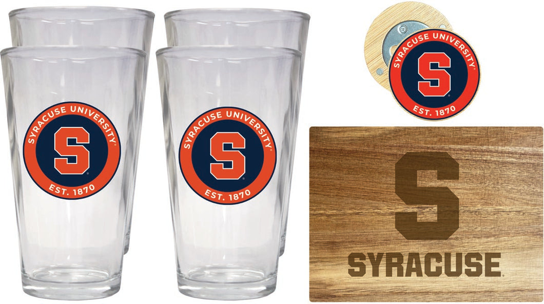 Syracuse Orange Officially Licensed Kitchen Gift Pack - Engraved Wood Cutting Board, 4 Pint Glasses & Magnetic Bottle Opener 