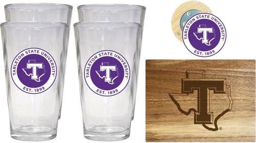 Tarleton State University Officially Licensed Kitchen Gift Pack - Engraved Wood Cutting Board, 4 Pint Glasses & Magnetic Bottle Opener 