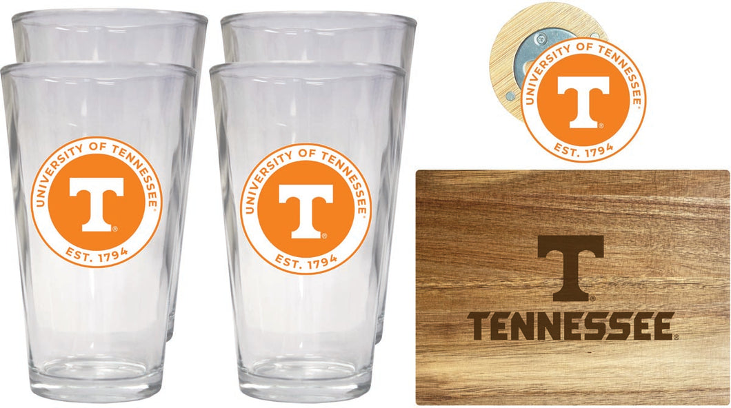 Tennessee Knoxville Volunteers Officially Licensed Kitchen Gift Pack - Engraved Wood Cutting Board, 4 Pint Glasses & Magnetic Bottle Opener 