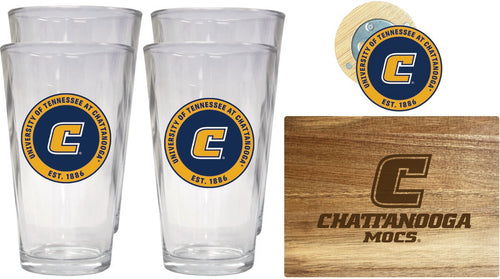 University of Tennessee at Chattanooga Officially Licensed Kitchen Gift Pack - Engraved Wood Cutting Board, 4 Pint Glasses & Magnetic Bottle Opener 