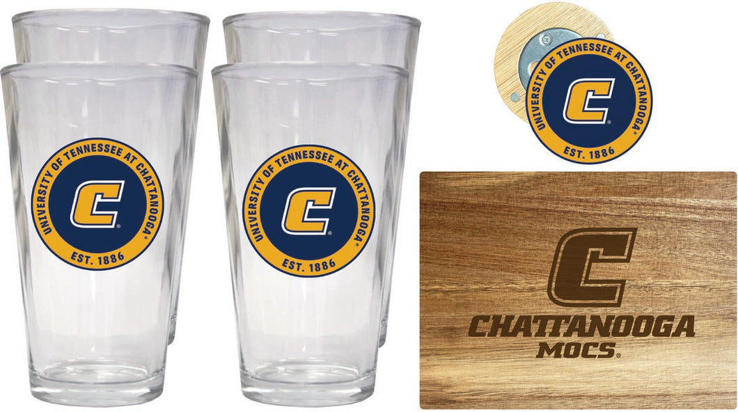 University of Tennessee at Chattanooga Officially Licensed Kitchen Gift Pack - Engraved Wood Cutting Board, 4 Pint Glasses & Magnetic Bottle Opener 