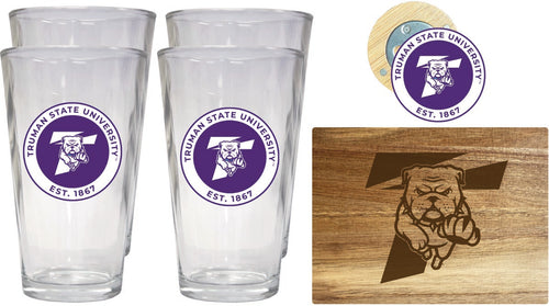 Truman State University Officially Licensed Kitchen Gift Pack - Engraved Wood Cutting Board, 4 Pint Glasses & Magnetic Bottle Opener 