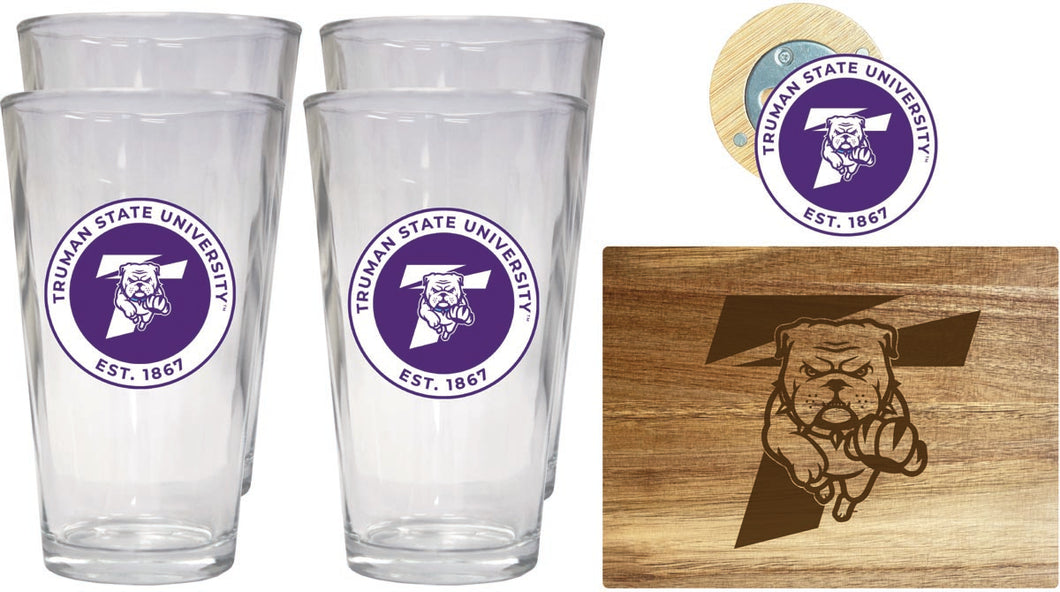 Truman State University Officially Licensed Kitchen Gift Pack - Engraved Wood Cutting Board, 4 Pint Glasses & Magnetic Bottle Opener 