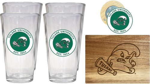 Tulane University Green Wave Officially Licensed Kitchen Gift Pack - Engraved Wood Cutting Board, 4 Pint Glasses & Magnetic Bottle Opener 