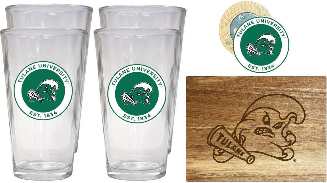 Tulane University Green Wave Officially Licensed Kitchen Gift Pack - Engraved Wood Cutting Board, 4 Pint Glasses & Magnetic Bottle Opener 