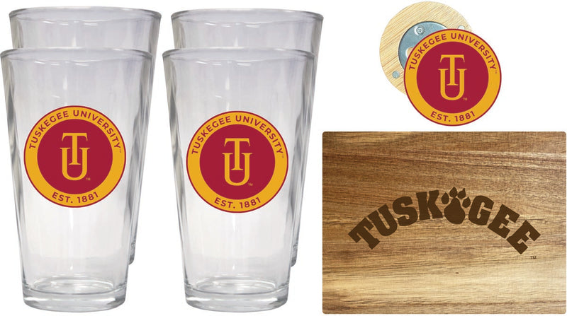 Tuskegee University Officially Licensed Kitchen Gift Pack - Engraved Wood Cutting Board, 4 Pint Glasses & Magnetic Bottle Opener 