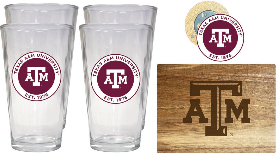 Texas A&M Aggies Officially Licensed Kitchen Gift Pack - Engraved Wood Cutting Board, 4 Pint Glasses & Magnetic Bottle Opener 