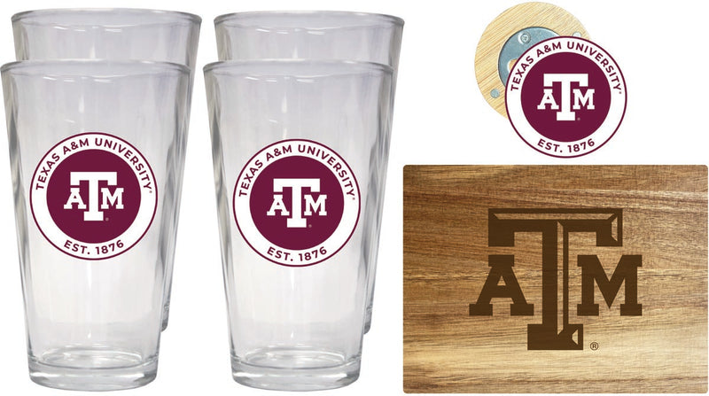 Texas A&M Aggies Officially Licensed Kitchen Gift Pack - Engraved Wood Cutting Board, 4 Pint Glasses & Magnetic Bottle Opener 