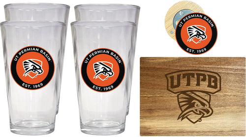University of Texas of the Permian Basin Officially Licensed Kitchen Gift Pack - Engraved Wood Cutting Board, 4 Pint Glasses & Magnetic Bottle Opener 