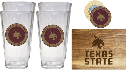 Texas State Bobcats Officially Licensed Kitchen Gift Pack - Engraved Wood Cutting Board, 4 Pint Glasses & Magnetic Bottle Opener 
