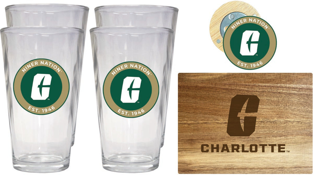 North Carolina Charlotte Forty-Niners Officially Licensed Kitchen Gift Pack - Engraved Wood Cutting Board, 4 Pint Glasses & Magnetic Bottle Opener 