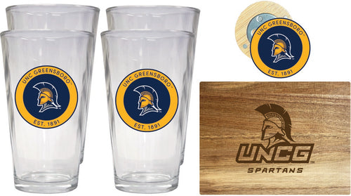 North Carolina Greensboro Spartans Officially Licensed Kitchen Gift Pack - Engraved Wood Cutting Board, 4 Pint Glasses & Magnetic Bottle Opener 