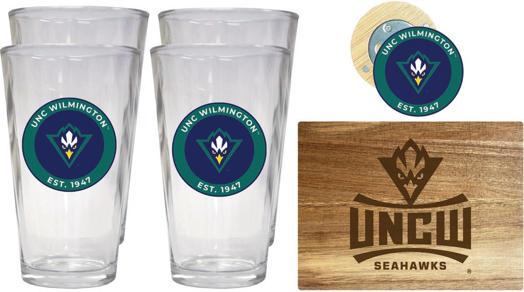 North Carolina Wilmington Seahawks Officially Licensed Kitchen Gift Pack - Engraved Wood Cutting Board, 4 Pint Glasses & Magnetic Bottle Opener 