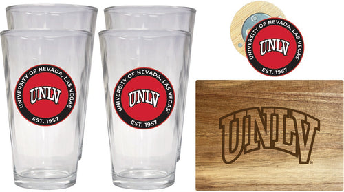 UNLV Rebels Officially Licensed Kitchen Gift Pack - Engraved Wood Cutting Board, 4 Pint Glasses & Magnetic Bottle Opener 