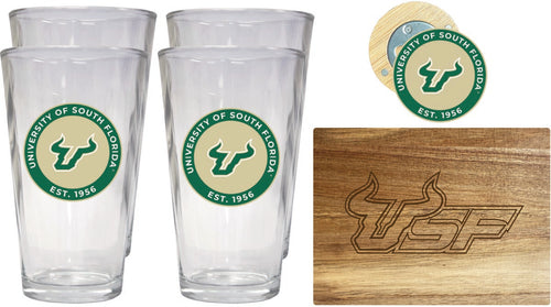 South Florida Bulls Officially Licensed Kitchen Gift Pack - Engraved Wood Cutting Board, 4 Pint Glasses & Magnetic Bottle Opener 