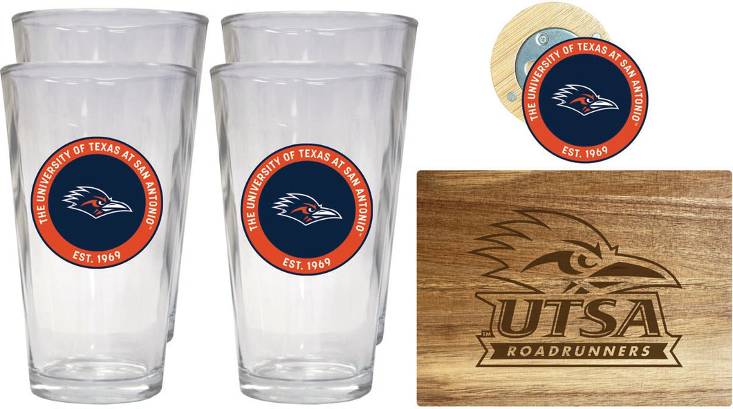 UTSA Road Runners Officially Licensed Kitchen Gift Pack - Engraved Wood Cutting Board, 4 Pint Glasses & Magnetic Bottle Opener 