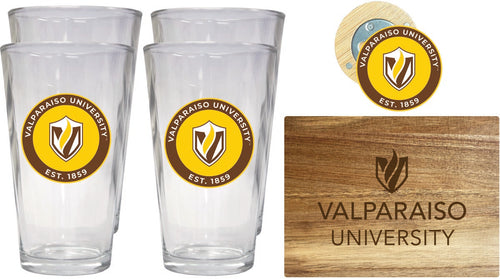 Valparaiso University Officially Licensed Kitchen Gift Pack - Engraved Wood Cutting Board, 4 Pint Glasses & Magnetic Bottle Opener 